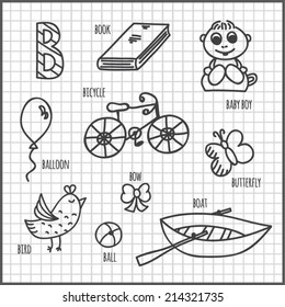 Cute doodle alphabet, B letter