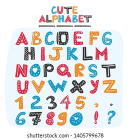 Cute doodle alphabet. Childish stylized DIY font. Vector illustration.