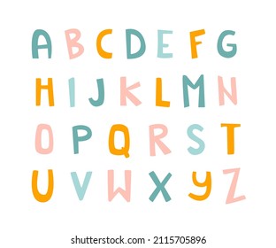 Cute doodle alphabet for children print. Abstract colorful set of letters.