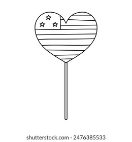Cute doodle American flag in the shape of heart on the stick. Outline US flag as sign of Independence day, 4th July, democracy. Hand drawn black and white illustration isolated on background.