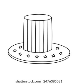 Cute doodle American patriotic cylinder hat with US flag. Uncle Sam hat as symbol of Independence day, 4th July, freedom, democracy. Hand drawn outline illustration isolated on white.