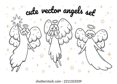 Cute doodle angels set. Hand drawn vector outline illustration. Perfect for greeting cards, print, textile designs, holiday designs.