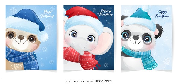 Cute doodle animal for christmas with watercolor illustration