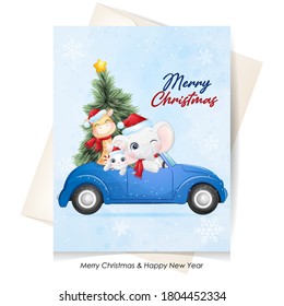 Cute doodle animal for christmas with watercolor illustration