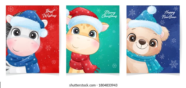 Cute doodle animal for christmas with watercolor illustration