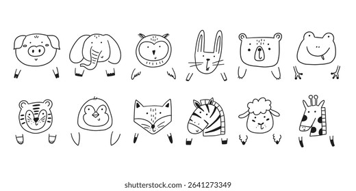 Cute doodle animal face and paw. Cartoon character animal head kid icon set. Vector illustration