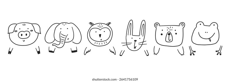 Cute doodle animal face and paw set. Cartoon character animal head kid icon set. Vector illustration