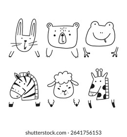 Cute doodle animal face and paw nursery graphic. Cartoon character animal head kid icon set. Vector illustration