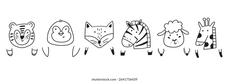 Cute doodle animal face and paw collection. Cartoon character animal head kid icon set. Vector illustration
