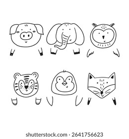 Cute doodle animal face and paw clipart. Cartoon character animal head kid icon set. Vector illustration