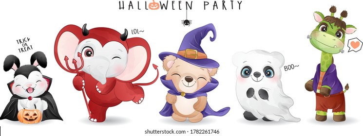 Cute doodle animal for halloween day with watercolor illustration