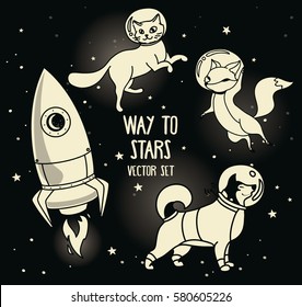 cute doodle animal-astronauts and retro style rocket floating in space, black and white colors,set of vector illustrations