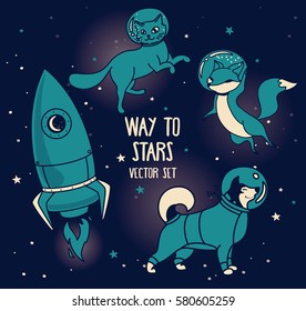 cute doodle animal-astronauts and retro style rocket floating in space, deep blue color, set of vector illustrations