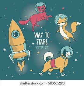 cute doodle animal-astronauts and retro style rocket floating in space, set of vector illustrations