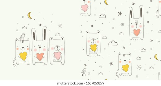 Cute doodle animals, bear, cat and Bunny. Hand drawn vector illustration, with seamless pattern.