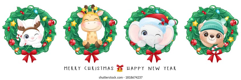 Cute doodle animals for christmas day with watercolor illustrations