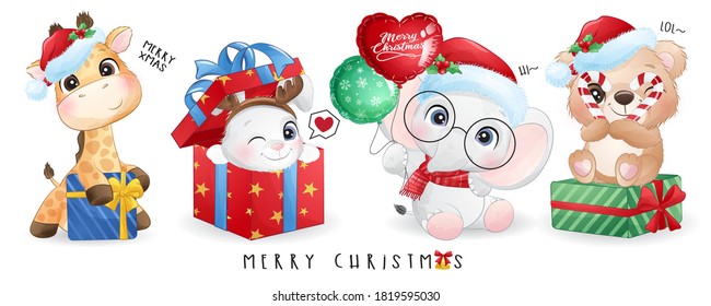 Cute doodle animals for christmas day with watercolor illustration