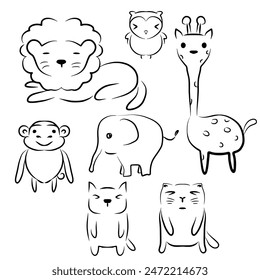 Cute doodle animals drawing graphic illustration