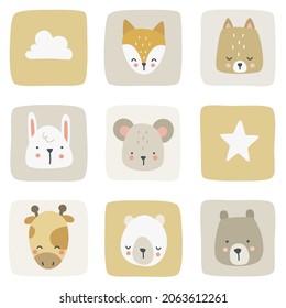 Cute doodle animals head pastel pattern. Seamless texture for textile, fabric, apparel, wrapping, paper, stationery, nursery.