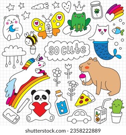 Cute doodle animals icon set children elements