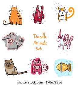 Cute doodle animals illustration set