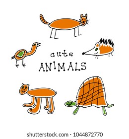 Cute doodle animals isolated on white background. Child drawing style. Design elements for textile print, fun greeting cards and kids coloring.
