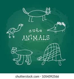 Cute doodle animals isolated on green chalkboard background. Child drawing style. Design elements for textile print, fun greeting cards and kids coloring.