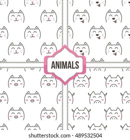 Cute doodle animals set, collection of seamless pattern backgrounds with cats, dogs, pigs, cows.