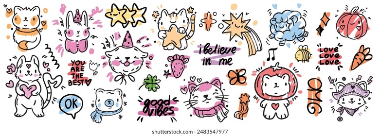 Cute doodle animals vector set, kids scribble kawaii cats, cartoon kitten bear smile funny stars. Naive comic pets hand drawn illustration happy playful character sticker. Marker crayon doodle animals