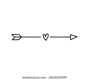 Cute doodle arrow with heart isolated on white background. Vector hand-drawn illustration. Perfect for Valentine's Day designs, cards, invitations, decorations.