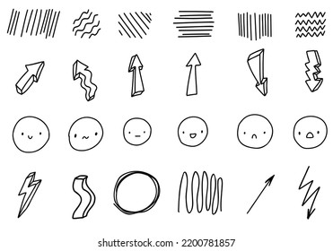 Cute doodle arrows, faces, emotions, scribble background. Hand drawn line vector isolated.