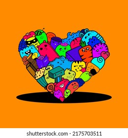 cute doodle art design with colorful orange background, suitable for doodle art design wall wallpaper, book cover stickers, comics