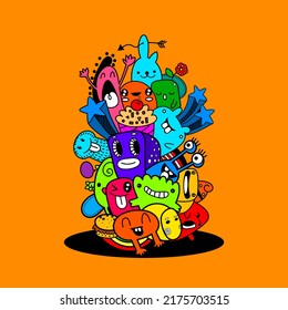 cute doodle art design with colorful orange background, suitable for doodle art design wall wallpaper, book cover stickers, comics