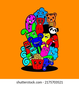 cute doodle art design with colorful orange background, suitable for doodle art design wall wallpaper, book cover stickers, comics