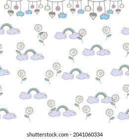 Cute Doodle Art For Wallpaper, Wrapping Paper And Gift, Scrapbook, Backdrop. Seamless Pattern, Repeat Pattern. Hand Drawn Vector. Cloud With Rainbow, Flowers And Hanging Ornament. Funny Background. 