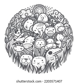 cute doodle art wild animals in a circle.