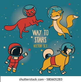 cute doodle astronaut and animal-astronauts and retro style rocket floating in space, retro comics style, set of vector illustrations