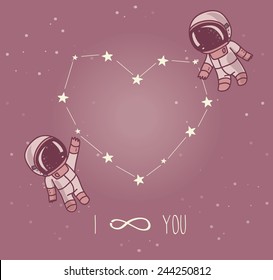 cute doodle astronauts couple and heart formed constellation, cosmic card for valentine's day, vector illustration