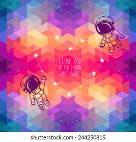 cute doodle astronauts couple and heart formed constellation, cosmic card for valentine's day, vector illustration