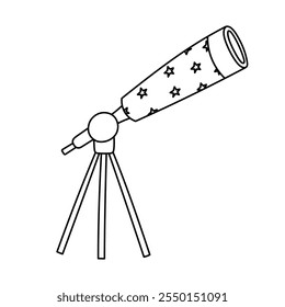 Lindo doodle de telescopio astronómico en trípode. Herramienta infantil simple para observar el cielo nocturno, las estrellas, el planeta, el asteroide, los cuerpos celestes. Dibujado a mano dispositivo educativo aislado en el fondo.