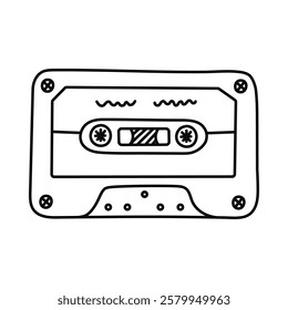 Cute doodle audio tape from Y2k aesthetic. Retro cassette, music mixtape as symbol of 90s and 00s. Hand drawn outline stereo device isolated on white background. Nostalgia for vintage and 1990s vibes.