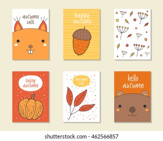 Cute doodle autumn cards, brochures, invitations with acorn, squirrel, berries, plants, leaves, pumpkin, beaver. Cartoon objects background. Printable templates set