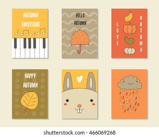 Cute doodle autumn cards, brochures, invitations with piano, notes, umbrella, pumpkin, leaf, rabbit, heart, cloud, rain. Cartoon objects, animals background. Printable templates set