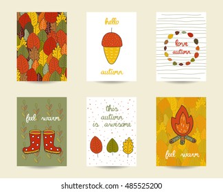 Cute doodle autumn cards, brochures, invitations with acorn, camp fire, rubber boots, leaves frame. Cartoon objects, animals background. Printable templates set