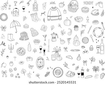 Cute doodle autumn objects, collection of seasonal items like cozy clothing, pumpkins, fall foods, and drinks. Perfect for creating charming autumn decorations, invites, print and card design. 