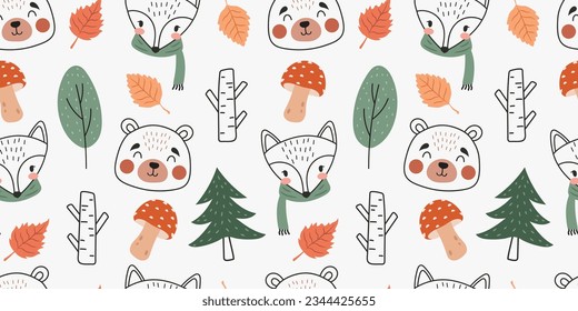 Cute doodle autumn pattern with bear, fox, trees, mushrooms and leaves