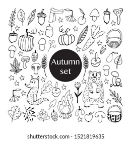 Cute doodle autumn set with acorns, leaves, mushrooms, baskets, cute animals, pumpkins and other gifts of fall. Hand drawn vector illustration for greeting cards, posters and seasonal design.