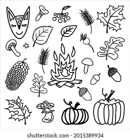 Cute doodle autumn set with acorns, leaves, mushrooms, cute animals, pumpkins and other gifts of autumn. Hand drawn vector illustration for greeting cards, posters and seasonal design.