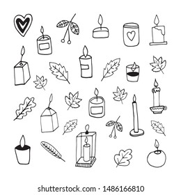 Cute doodle autumn set with candles, rowen, leaves. Hand drawn vector illustration for greeting cards, posters, stickers and seasonal design.