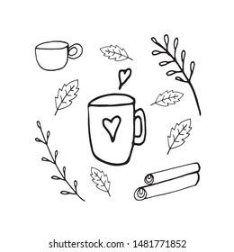 Cute doodle autumn set with cup of coffee, chocolate, cocoa, americano or cappuccino, leaves and cinnamon. Hand drawn vector illustration for greeting cards, posters, stickers and seasonal design.